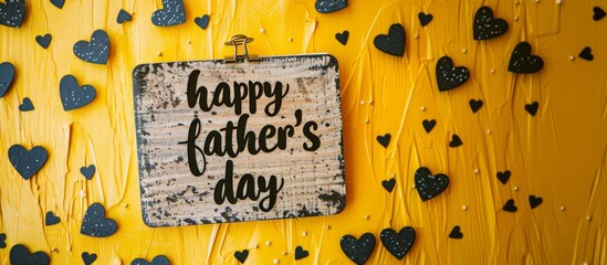 Happy Father's Day message on black and yellow grunge background with black hearts. Father's Day celebration concept. Design for banner, poster. Banner with copy space