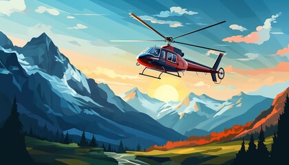 An accident victim transportation. Ski resort rescuer team. Finding people operation. Helicopter evacuating a person in a rescue sled. Flat illustration