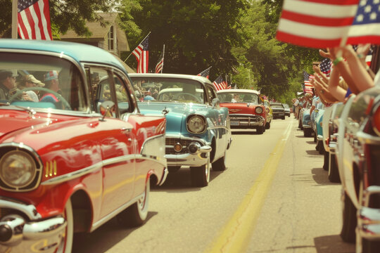Historic Car Parade With American Flags. Generative AI