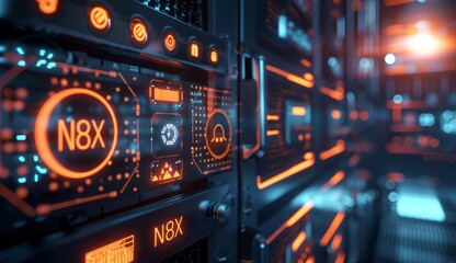 Obraz premium Technology-themed background image with lines like PCB circuits with glowing orange and blue lines.