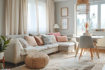 Minimal and modern interior design of a living room. White sofa with colorful pillows and a dining table