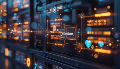 Obraz premium Circuit pictorial background with neon orange and blue lights. Luminous abstract lines and shapes. Technology themed background.