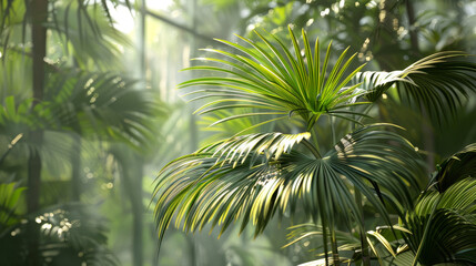 a Saw palmetto plant in a botanical research facility with interactive hotspots revealing scientific facts about each part of the plant