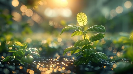 Artistic rendering of an idealized hydroponic nursery where seeds germinate in various inert mediums under perfect conditions.