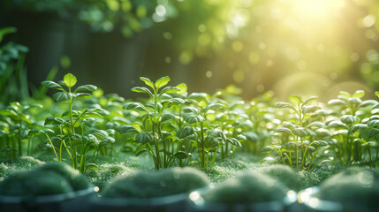 Artistic rendering of an idealized hydroponic nursery where seeds germinate in various inert mediums under perfect conditions.