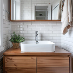 small bathroom with white tiles walnut wall hung