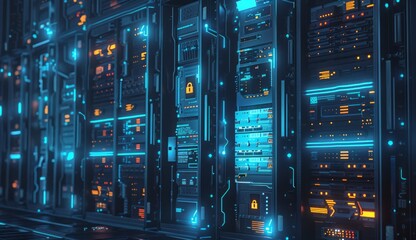 A digital security-themed background. A room with some large-capacity storage.