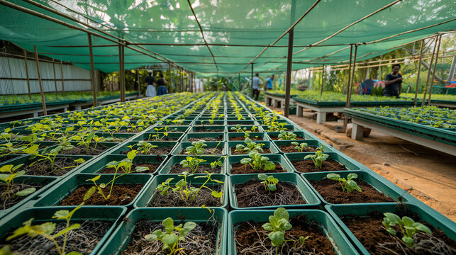 Sustainable Greenhouse Farming: Rows of Young Plants Under Shade Nets