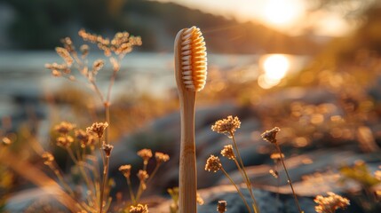 Sustainable bamboo toothbrush in natural setting at sunset
