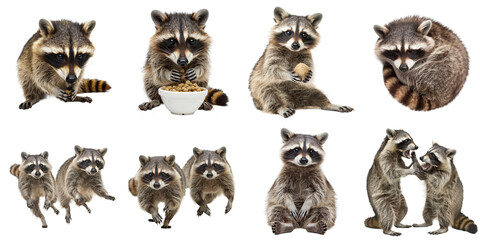 Raccoon transparent isolated set in 3d png using for presentation.