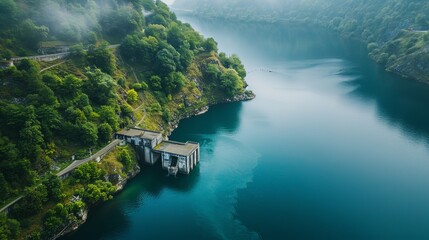 Renewable Energy Source: Aerial Photography of a Hydroelectric Plant on a Lake
