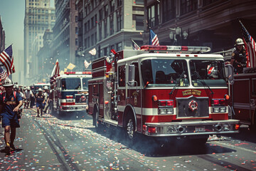 Group of Fire Trucks Driving Down Street. Generative AI