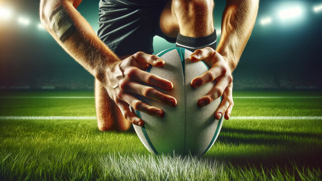Athletic Hands Positioning Rugby Ball for Kick - Powered by Adobe