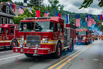 Convoy of Fire Trucks Driving Down a Street. Generative AI