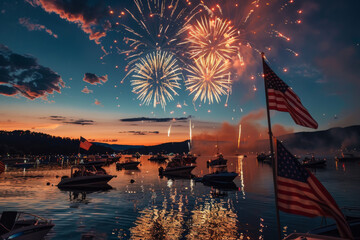 Fireworks Illuminate Sky Above Boats. Generative AI