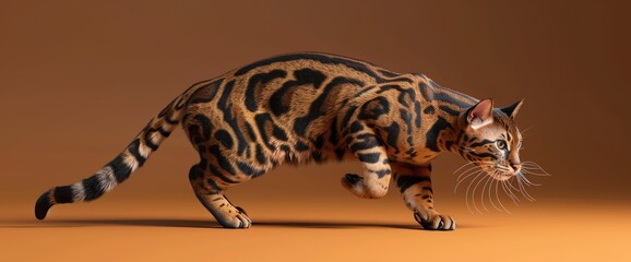 A Beautiful Bengal Cat Strikes A Pose On A Brown Background, Showcasing Its Sleek And Muscular Physique, With A Wild Appearance Accentuated By Its Bold Markings, High quality photography	