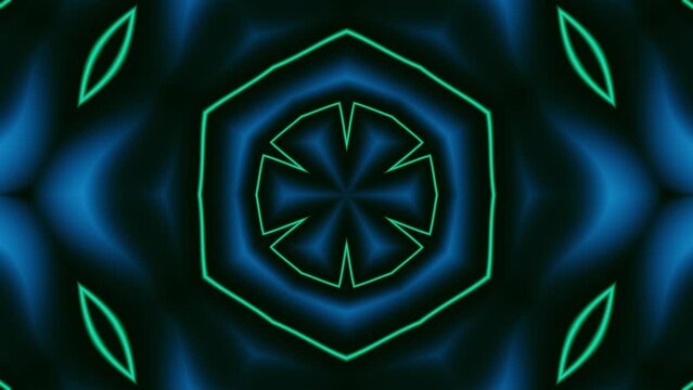 Fast rhythmic beat and pulsing blue and green mandala with soothing looping gradients	fading in and out.