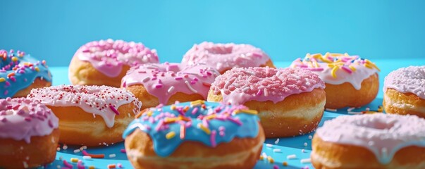 Assorted frosted donuts on blue background