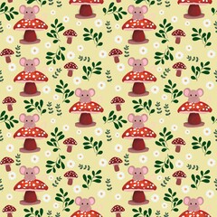 Woodland Mushroom Mouse and Daisy Seamless Pattern Illustration, Nature, Cozy, Cute, Toadstool, Nursery, Pastel Yellow Background