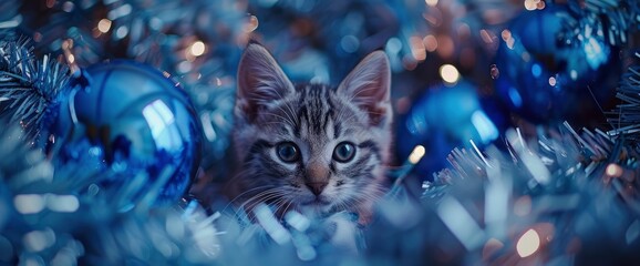 A Scottish Cat Poses Amidst New Year And Christmas Decorations In Dark Blue Tones, Adding A Touch Of Elegance To The Festive Atmosphere, High quality photography	