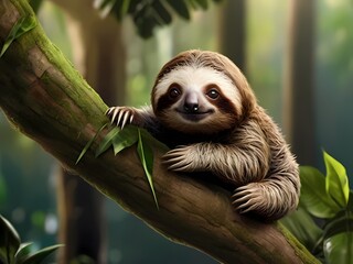 Fototapeta premium beautiful digital painting of a baby sloth hanging from a tree with a lush green rainforest background