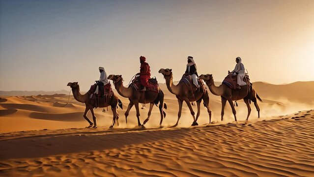 Through the desert, people riding camels are dressed in traditional white oriental garb.