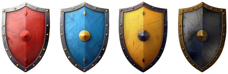 a row of shields with different colors on a blue wall, transparent background png