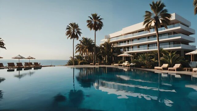 Expensive modern multi-storey beach hotel with a private pool and palm trees
