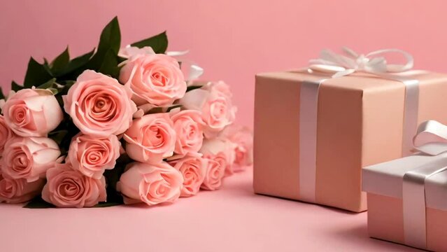 Pink flowers and gift boxes on pastel pink background. Valentines day or mother's day concept
