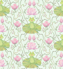 Frogs meditation of in art nouveau style lake seamless pattern