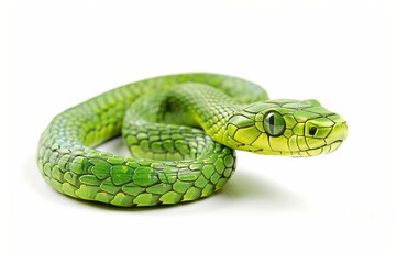 Fototapeta premium Green wooden snake on isolated white background with neat tail 