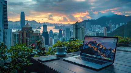 business workspace with laptop and smartphone at Victoria peak, Hong Kong.  - Powered by Adobe