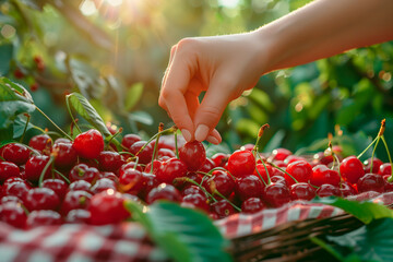 Summertime Delights: Gentle Unrecognizable Female's  Hand Grasps a Ripe Cherry on a Cutting Board,...