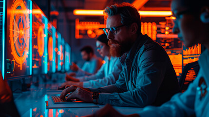 Obraz premium Innovative Collaboration: Software Scientist Engineer Engages with Design Team in Futuristic Office Setting with Technology and computers.