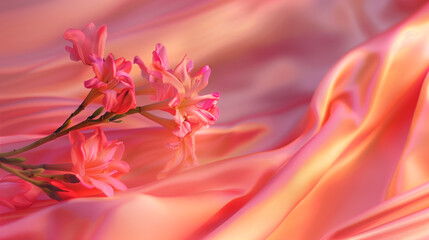 Delicate flowers on peach satin fabric background, card, invitation. Romantic design. Copy space