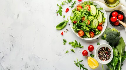 A variety of vegetables, including leafy greens and root vegetables, are artfully arranged in a circle on a table, showcasing the beauty of natural foods AIG50