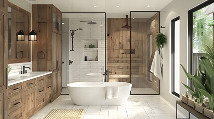 Spacious bathroom with a freestanding tub and glass shower, featuring wooden cabinets and white tile. Spacious bathroom with a freestanding tub and glass shower, featuring wooden cabinets and white ti