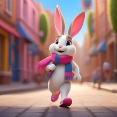 Cute cartoon bunny rabbit character with scarf in soft toned pink and blue illustration scenes