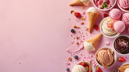 Fototapeta na wymiar Explore a variety of food options like ice cream flavors and raspberries on a pink background. Perfect for cake decorating supplies or baked goods with a touch of artistry AIG50