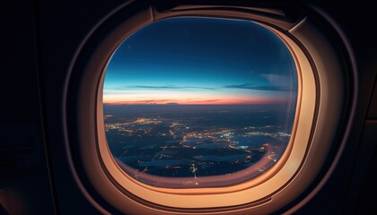 Naklejka premium Airplane window. Mountain and clouds view travel trip vacation flight sunset