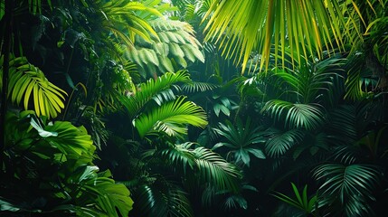 Exotic colorful scenery of green rainforest with foliage plants. Generative Ai