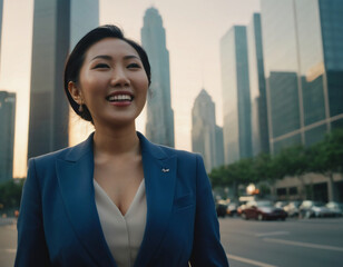 portrait of a successful rich asian businesswoman in front of skyscrapers 