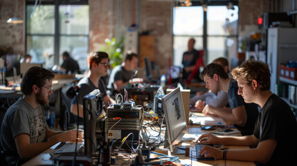 A dynamic scene of young professionals collaborating in a busy tech startup environment, full of energy and innovation.