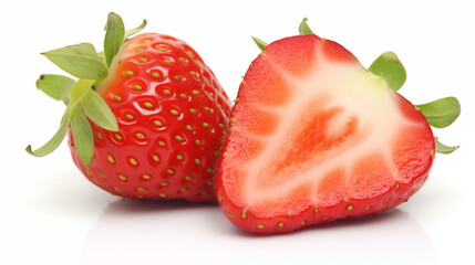 Vibrant Red Whole and Halved Strawberries on White Background