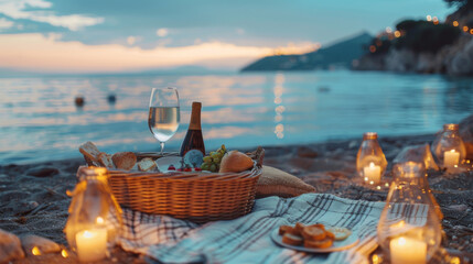 Obraz premium A serene beach picnic setup with wine and candles during a beautiful sunset, ideal for romantic evenings.