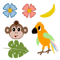 Set of exotic elements of monkey, parrot, flowers, leaves, bananas. for your design, for children, fabric, wallpaper, for boys and girls. Isolated