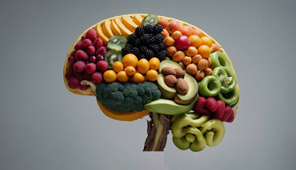 Wholesome Mind. Human Brain Made of Nutrient-Rich Foods. AI-Generated	