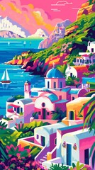 A vibrant and colorful postage stamp design for Mykonos on a fuchsia background. 