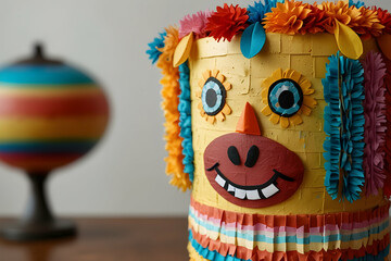 A piñata with bright colors and a cheerful design against a white backdrop, ready for a birthday party.4k image 