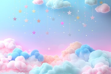Vertical soft dreamy pastel clouds with hanging stars wallpaper 